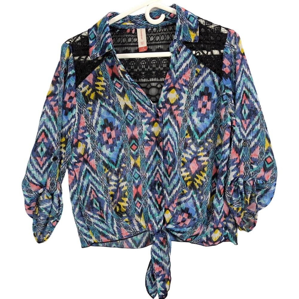 No Boundaries NO BO Shirt Women's Large 11-13 Juniors Aztec print Crochet Sheer